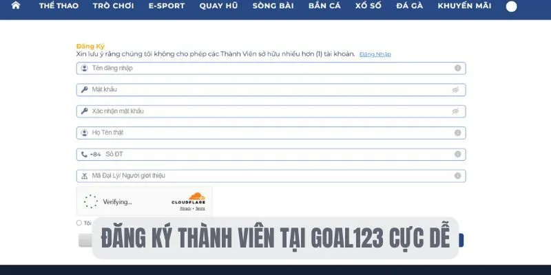 Đăng ký thành viên tại Goal123 cực dễ